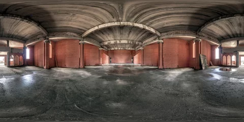 Poster full seamless spherical 360 panorama in empty interior hall of abandoned unfinished concrete room of church or castle with red brick walls in equirectangular projection. VR AR concept © hiv360