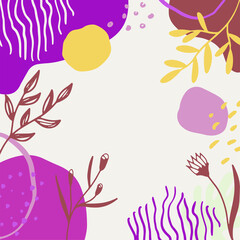 Design poster for social media with floral flower and leaf element shape. Background with blue orange brown and red abstract floral art