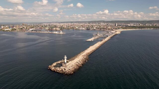 4K Aerial drone view of lighthouse and city of Varna, Bulgaria. Varna is the sea capital of Bulgaria.