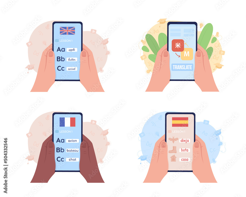 Wall mural mobile app for learning languages 2d vector isolated illustration set. flat first view hand on carto