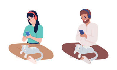 Listening to music with cat on lap semi flat color vector character set. Sitting figures. Full body people on white. Simple cartoon style illustration for web graphic design and animation