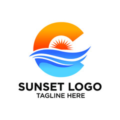 Letter C Sunset Logo Design Template Inspiration, Vector Illustration.