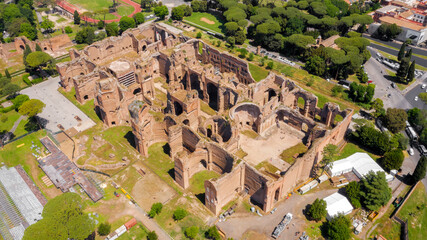 Aerial view of Baths of Caracalla located in Rome, Italy. They were important thermae and public baths of ancient Rome and today they are a visitable monument. - obrazy, fototapety, plakaty