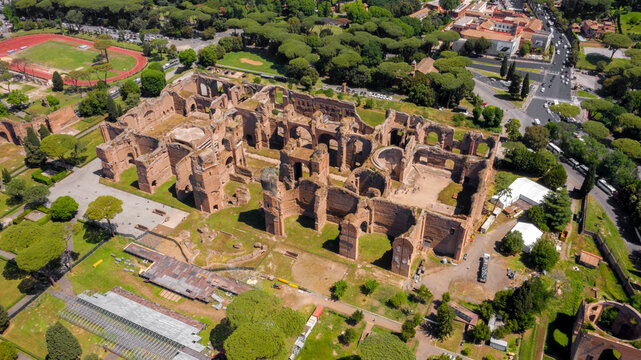 Aerial view of Baths of Caracalla located in Rome, Italy. They were important thermae and public baths of ancient Rome and today they are a visitable monument.