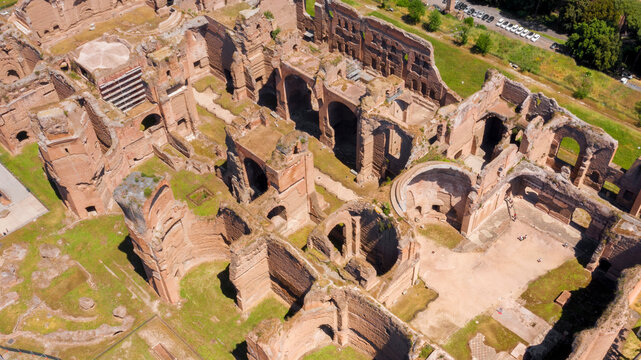 Aerial view of Baths of Caracalla located in Rome, Italy. They were important thermae and public baths of ancient Rome and today they are a visitable monument.