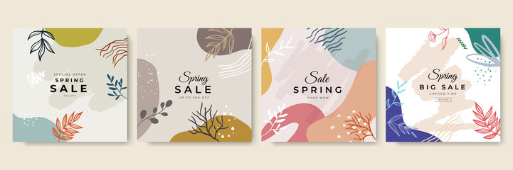 Hello Spring. Trendy abstract square art templates. Suitable for social media posts, mobile apps, banners design and web/internet ads.
