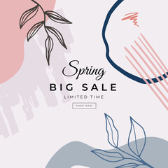 Fototapeta na wymiar Floral spring design with white flowers, green leaves, eucaliptus and succulents. Round shape with space for text. Banner or flyer sale template, vector illustration.