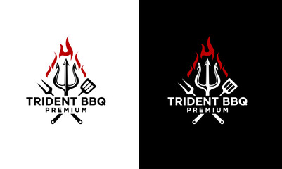 trident Fire Flame Barbecue Grill food Logo - obrazy, fototapety, plakaty