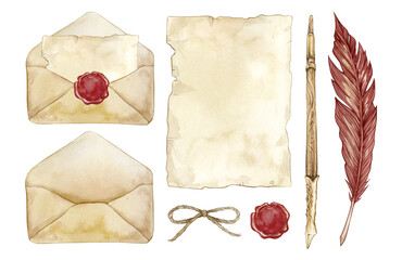 Set of watercolor illustrations with vintage envelopes, letters, wax seal, feather pen, piece of paper. isolated