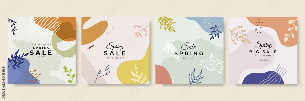 Poster beige pink abstract square art design templates with floral and geometric elements vector illustrati