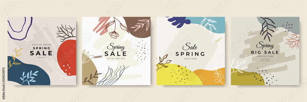 Aufkleber beige pink abstract square art design templates with floral and geometric elements vector illustrati