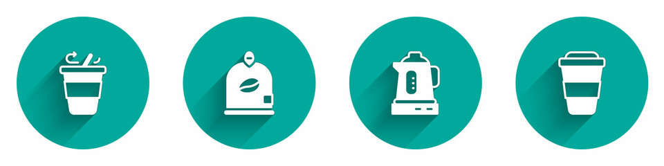 Set Coffee cup to go, Bag coffee beans, Electric kettle and icon with long shadow. Vector