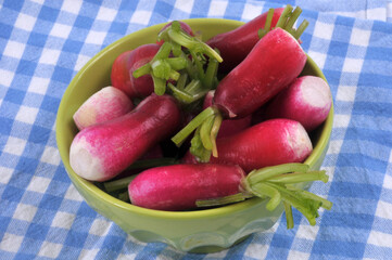 Ramequin de radis en gros plan sur une serviette à carreaux
