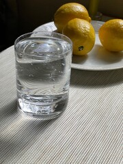 glass of water with lemons on plate 