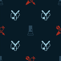 Set Crossed bullet with arrow, Cartridges and Slingshot on seamless pattern. Vector