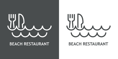 Logo con texto Beach Restaurant con silueta de cubiertos en olas con líneas en fondo gris y fondo blanco © teracreonte