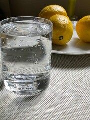 glass of water with lemons on plate 