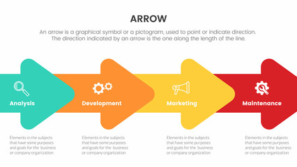 arrow infographic with horizontal direction concept for slide presentation with 4 point list and arrow shape direction