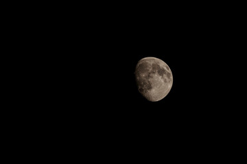 Close up of new moon with visible craters on its surface on black night sky background with copy space