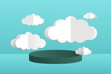 3d social media post template banner, cloud papper cut style with podium design