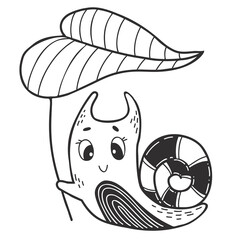 Cute decorative little snail under leaf of plant. Linear hand drawn doodle. Funny mollusk-snail. Vector illustration.