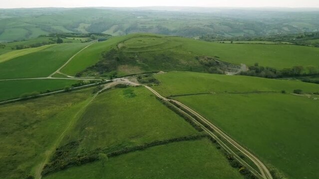 Ancient Bronze Age Hilltop Ring Fort, Cilcennin, Near Lampeter, Ceredigion, Mid Wales. Aerial approach