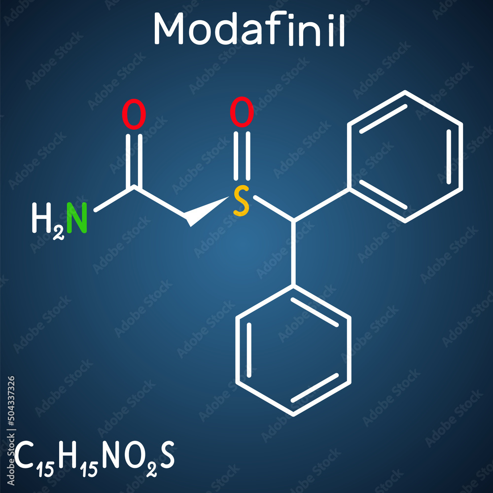 Poster modafinil molecule. it is stimulant, wakefulness promoting agent. used in the treatment of narcoleps