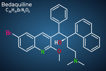 Bedaquiline antituberculosis drug molecule. It is diarylquinoline antimycobacterial medication. Structural chemical formula on the dark blue background