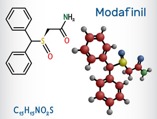 Modafinil molecule. It is stimulant, wakefulness promoting agent. Used in the treatment of narcolepsy. Structural chemical formula and molecule model.