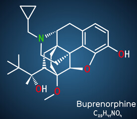 Fototapeta premium Buprenorphine morphinane alkaloid molecule. It is semisynthetic opioid analgesic, used for management of severe pain. Structural chemical formula on the dark blue background