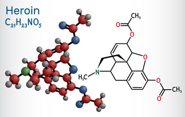 Heroin, diacetylmorphine, diamorphine molecule. It is opioid, narcotic analgesic, recreational drug. Structural chemical formula and molecule model.