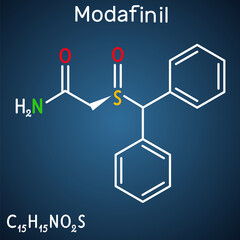 Modafinil molecule. It is stimulant, wakefulness promoting agent. Used in the treatment of narcolepsy. Structural chemical formula on the dark blue background.