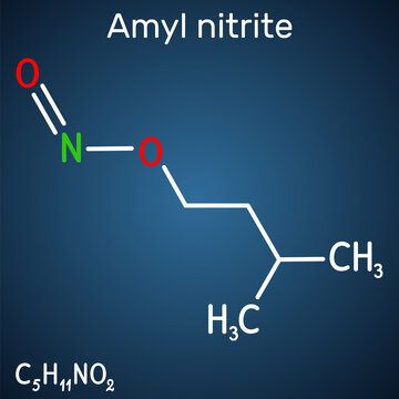 Amyl nitrite, isoamyl nitrite, isopentyl nitrite,  molecule. It is popper, vasodilator agent, antihypertensive medicine. Structural chemical formula on the dark blue background