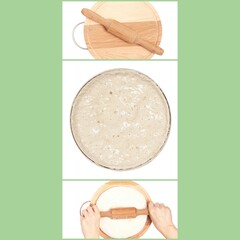 Collage with fresh yeast dough,rolling pin, wooden cutting board. Preparation of the dough