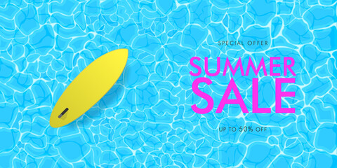 Summer sale colorful banner background. Top view of surfing board floating on water in a sunny day. Vector Illustration.