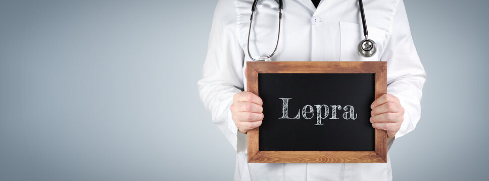 Lepra. Arzt zeigt Begriff auf einem Holz Schild.