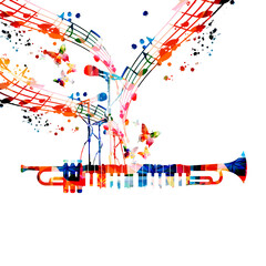 Colorful musical poster with trumpet, microphones and piano keyboard isolated vector illustration. Live concert events, music festivals and shows creative background, party flyer with musical notes 	
