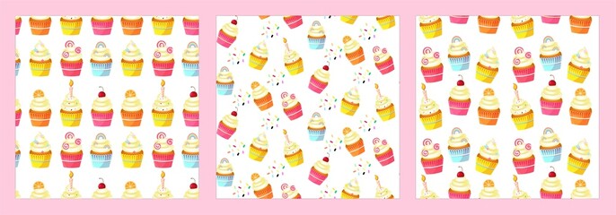 Set of vector seamless patterns with cupcakes, cream and toppings on a transparent background