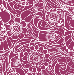 white seamless pattern on a bright pink background, floral repeating pattern, mahendi oriental motifs, white outline