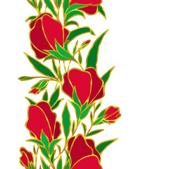 floral seamless border, red flowers, repeating borders on white background with golden outline, textile, design, art, graphic