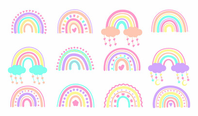 Set of rainbows in boho style. Cute rainbows with clouds, stars and hearts, scandinavian rainbow doodles. Colorful nursery doodle, kids fashion fabric print, childish boho elements vector set © Lyona