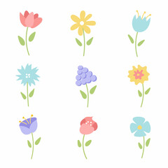 Set of flowers. Flower rose, chamomile, cornflower, poppy, bluebell, wisteria. Wedding concept - flowers. Vector icons for greeting card or invitation design, banner, patterns, borders, stickers