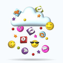 3d illustration of icons falling from the cloud. Cloud Storage Concept