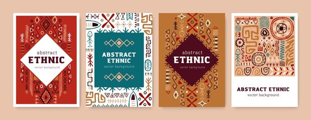 Card designs with ethnic African tribal ornaments. Abstract background design templates with ancient tribe geometric drawn elements, patterns, shapes, symbols. Isolated flat vector illustrations set - obrazy, fototapety, plakaty