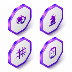 Set Isometric Casino chips, Chess, Tic tac toe game and Table football icon. Purple hexagon button. Vector