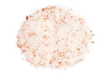 Heap of large crystals pink Himalayan salt isolated on white background.Top view