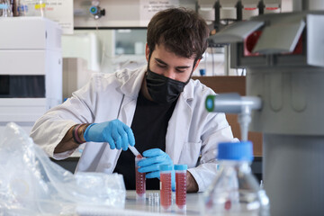 Fototapeta premium Young researcher wearing protective face mask working in a real laboratory analysing experimental samples.