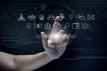Businessman touches virtual screen technology to do online transactions via internet Connect data to the world. concept of global data connection by internet technology, big data system.