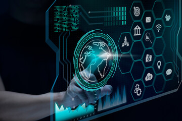 Businessman touches virtual screen technology to do online transactions via internet Connect data to the world. concept of global data connection by internet technology, big data system.