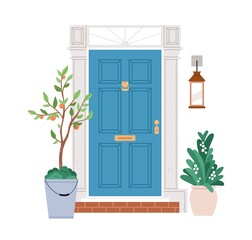 Closed front door design. Home entrance from outside with lantern, plants in planters. House exterior with entry, retro doorknocker, mail slot. Flat vector illustration isolated on white background